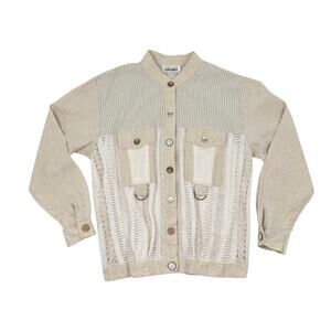 Sunny Sport Linen Blend Crochet Shirt Jacket Vintage Beige Button Front Women